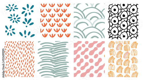 Collection of eight distinct patterns featuring floral, curved lines, dots, and abstract shapes arranged neatly