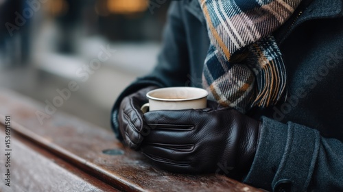 Editorial-style image of a man sitting on a bench in a modern winter coat, plaid scarf, and leather gloves, sipping hot coffee on a cold urban morning