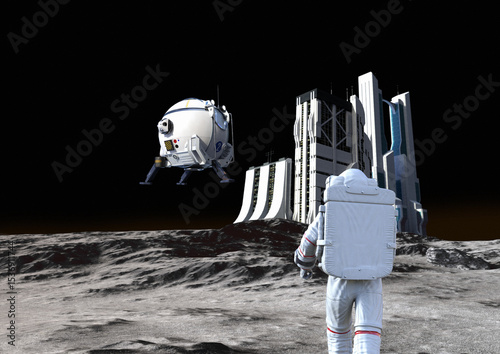 Astronaut at industrial plant on Moon, illustration
