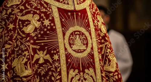 Ornate red and gold religious vestment with intricate embroidery