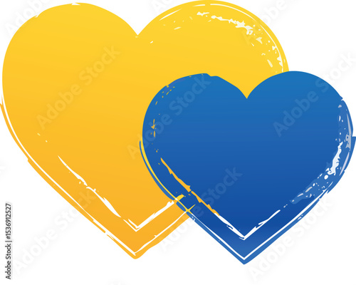 Minimalist vector illustration of two overlapping hand-drawn hearts. The left heart is yellow and the right heart is blue, both with a rough brushstroke texture and uneven paint edges