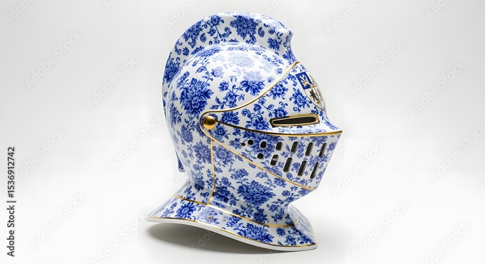 Fototapeta premium Ceramic knight helmet porcelain armor floral pattern decor blue and white decorative helmet art piece