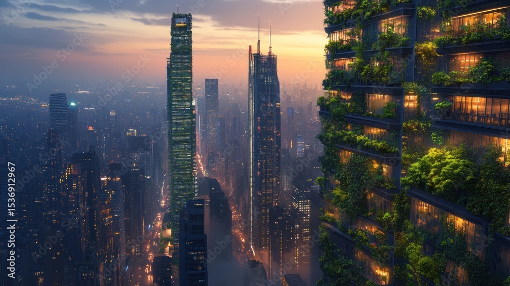Obraz premium Futuristic city skyline with vertical gardens