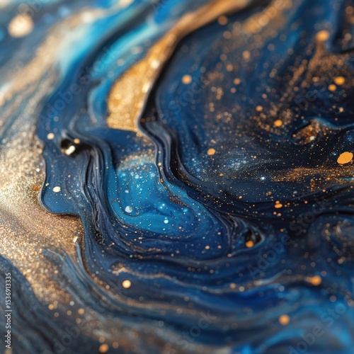 Abstract blue and gold acrylic fluid art luxurious swirl artistic design dynamic texture with sparkles