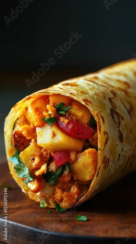 Deliciously spiced wrap filled with potatoes and vegetables served on a wooden board