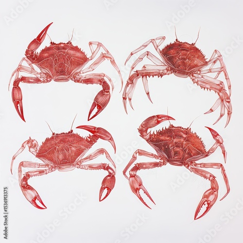 Artistic crab composition with red ink illustration on white paper featuring abstract marine life