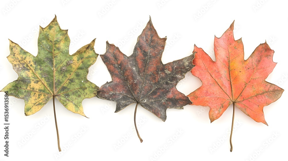 Obraz premium Three Autumn Maple Leaves, Colorful Fall Foliage Collection