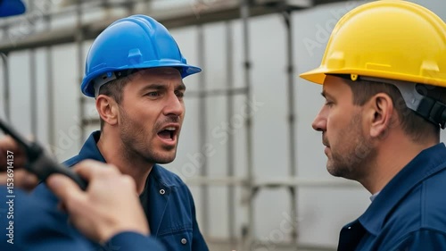 Two male construction workers in colorful hard hats actively discuss project details outdoors.