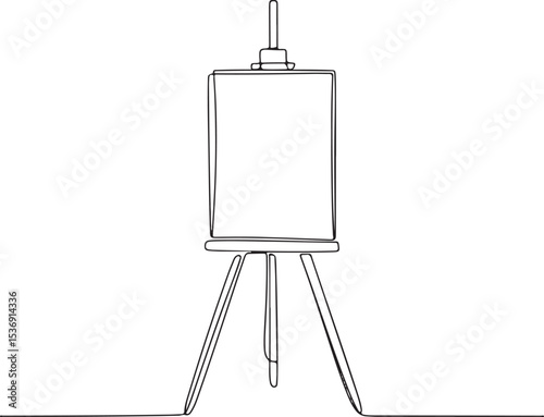Artist's easel continuous single line drawing in minimalist black and white style with tripod stand and blank rectangular canvas

