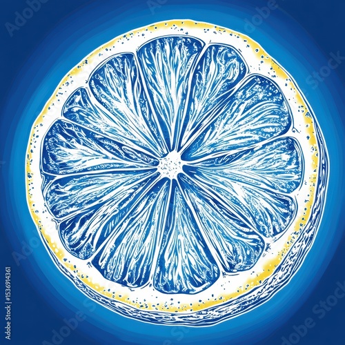 Stylized Lemon Slice Graphic on Blue Background Elegant Citrus Fruit Art Creative Food Illustration