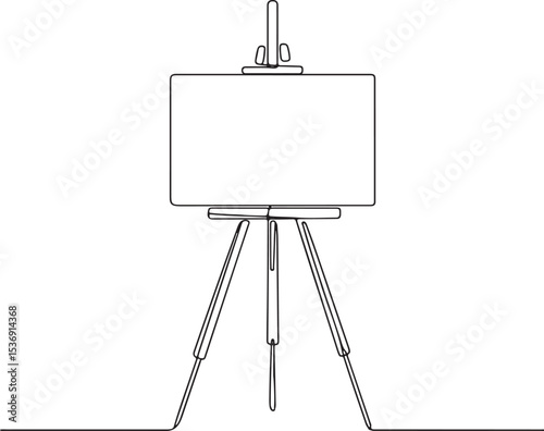 Artist's easel continuous single line drawing in minimalist black and white style with tripod stand and blank rectangular canvas

