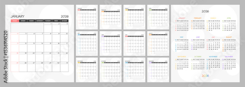 Monthly calendar rainbow square planner schedule for 2026 year. Week Starts on Sunday