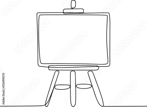 Artist's easel continuous single line drawing in minimalist black and white style with tripod stand and blank rectangular canvas

