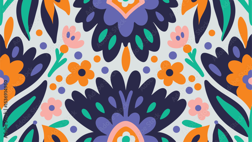Fototapeta premium A vibrant floral pattern with symmetrical arrangement of flowers leaves and decorative elements design art