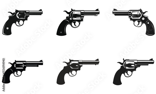 Revolver Gun Vector Set Black Silhouette Handgun Illustrations Collection