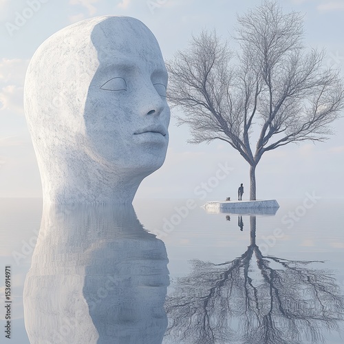Serene Sculpture Reflections Mystical Waters Tranquil Tree Human Contemplation Visual Composition Calm Aesthetic Artistic Imagination