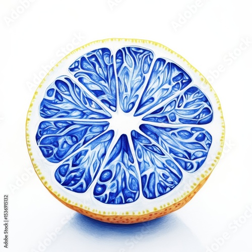 Half Citrus Slice in Vibrant Blue on White Background Close Up Studio Shot Artistic Still Life