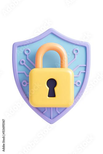 3D Cartoon Padlock on Digital Shield – Cybersecurity Concept Illustration