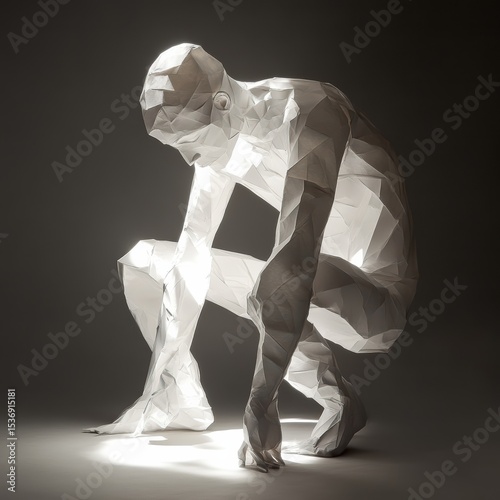 Low Poly Geometric Paper Sculpture of Man in Squatting Pose Illuminated on Gray Background