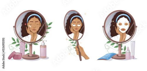 Set of Latin american woman doing skincare spa routine and reflecting in the mirror