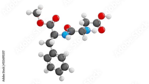 Aspartame molecule isolated on transparent background. Detailed 3D model of artificial sweetener. Molecular formula: C14H18N2O5. Chemical model: Ball and Stick. 3D illustration