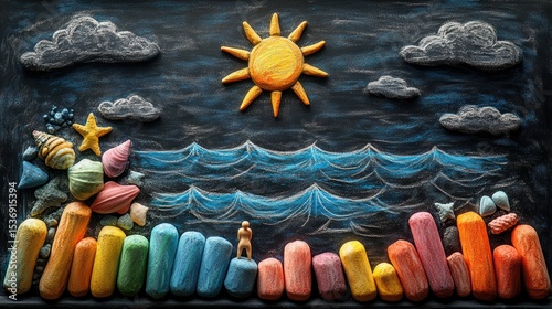 Ocean Dreams Colorful Chalk Drawing Creative Concept with Starfish Seashells and Charming Chalk Pastels