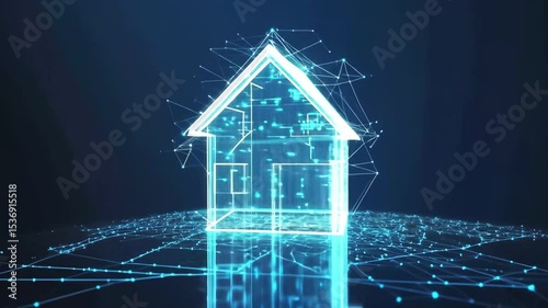Glowing blue wireframe of house is formed by interconnected dots and lines on dark background, representing smart home technology and digital connectivity