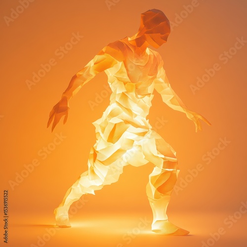 Abstract form of human energy in motion glowing silhouette dynamic shape on orange backdrop concept