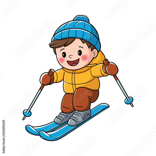 A cute cartoon of a young boy skiing down a snowy hill