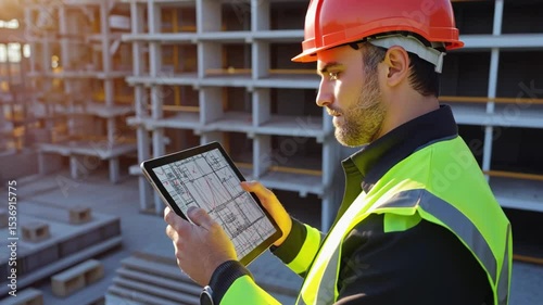 Builder in orange hard hat and safety vest looking at digital drawing on tablet at construction site. Concept of modern construction technologies and project management