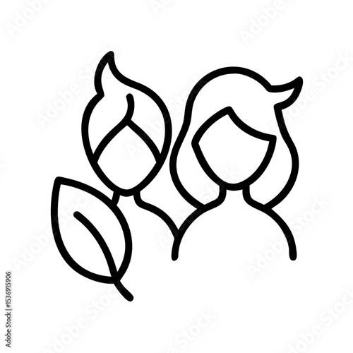 Spa and wellness concept of two women's heads with leaves, minimalist black outline design. The image evokes feelings of harmony, tranquility, and the beauty of nature