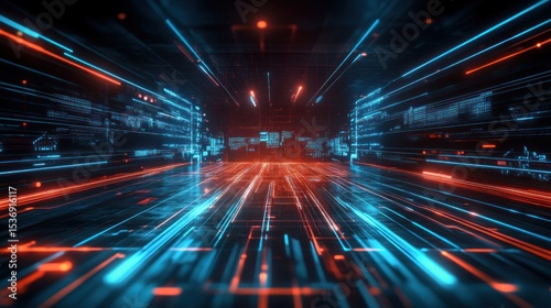 Futuristic tunnel with vibrant neon light trails