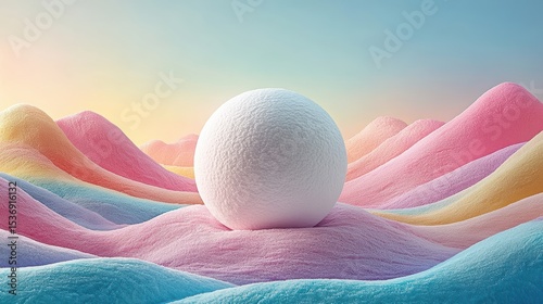 Dreamy sphere on pastel hills creating a serene background with soft hues in a tranquil fantasy landscape