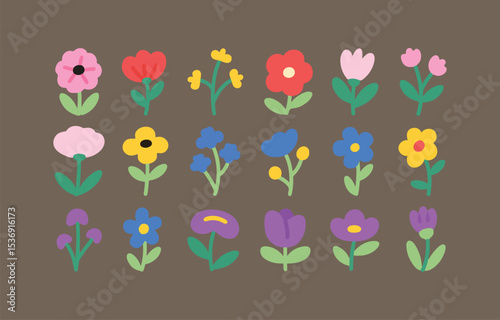 Collection of cute hand drawn flowers in various colors and styles perfect for spring and summer designs