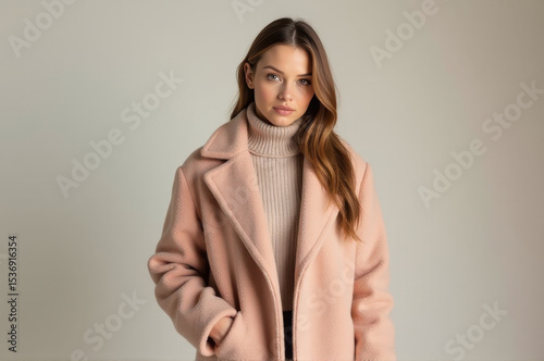 A woman wearing a bright pink coat stands confidently for the camera, her expression calm and composed