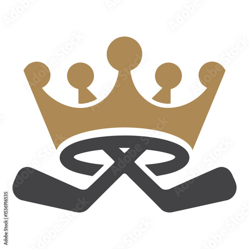 A golden crown sits atop two crossed hockey sticks isolated on white