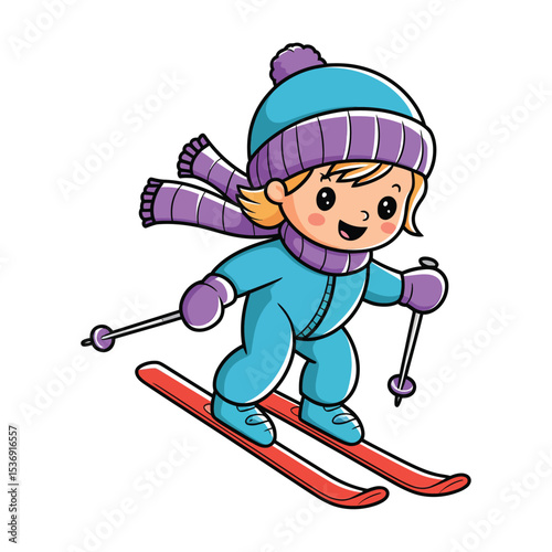 A cute cartoon of a child skiing