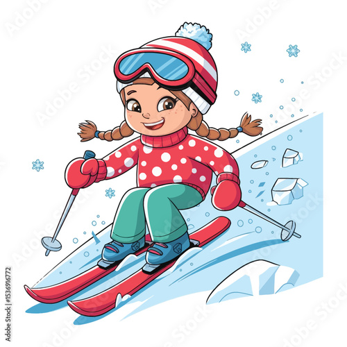 A cheerful young girl skiing down a snowy slope