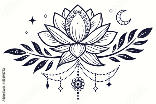 Elegant black and white floral vector illustration, an abstract blossom pattern with swirling leaves and delicate petals, perfect for nature-inspired art and design elements