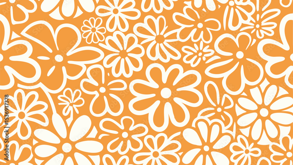 Fototapeta premium Floral pattern with white flowers on an orange background creating a retro and vibrant aesthetic design