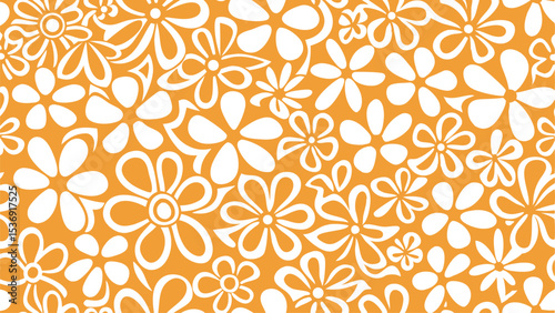 Floral pattern with white daisy like flowers on an orange background creating a repeating design look