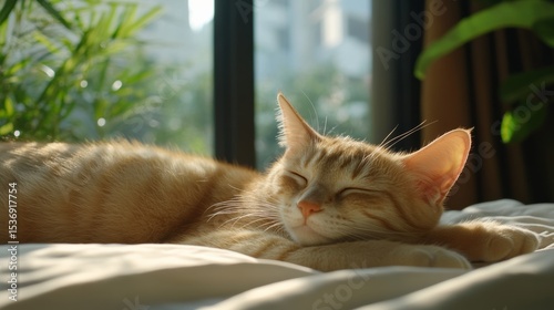 Hypoallergenic cats lying on clean bedding in a modern room, no shedding visible,
