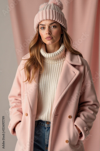 A woman dressed in pink coat and hat