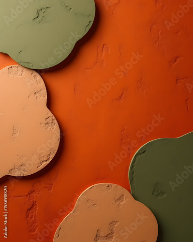 abstract geometric background. Terracotta orange and olive green organic shapes