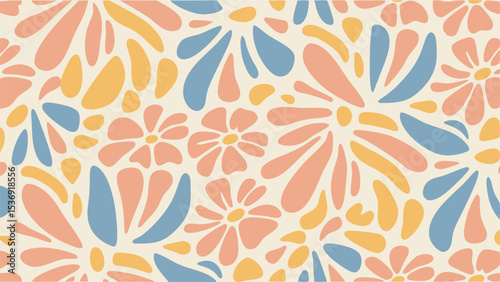 Abstract floral pattern with peach, blue, and yellow petals on a light cream background creating a seamless design