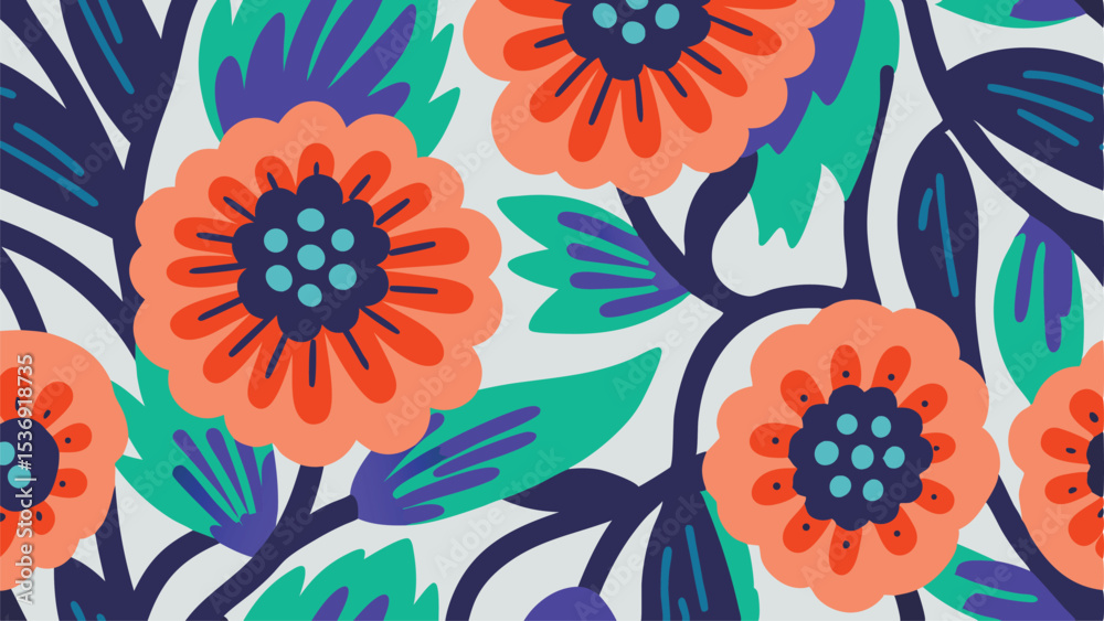 Fototapeta premium Vibrant floral pattern featuring stylized orange flowers and colorful foliage on a light background