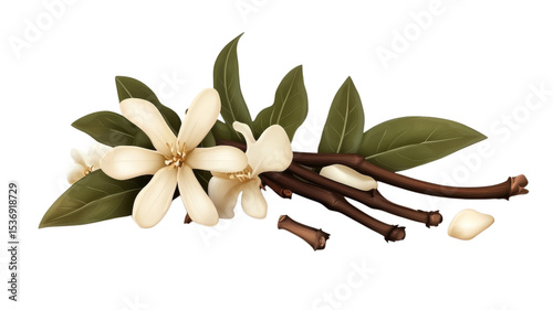 Delicate white flowers and vibrant green leaves intertwine with aromatic cinnamon sticks, creating a fresh and inviting natural arrangement in a serene environment.