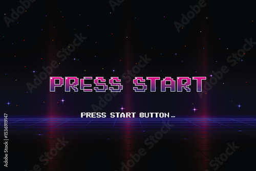 PRESS START. pixel art .8 bit game. retro game. for game assets. Retro Futurism Sci-Fi Background. glowing neon grid and stars from vintage arcade computer games