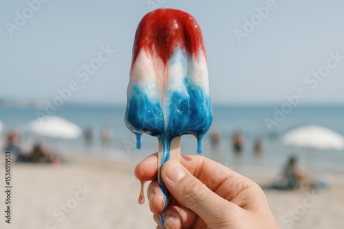 melting popsicle held by hand at a sunny beach with people enjoying summer by the ocean waves