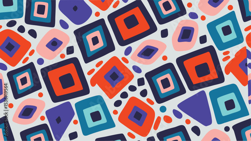 A vibrant pattern featuring an assortment of colorful geometric shapes and abstract design elements scattered around